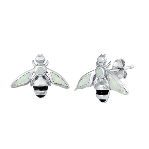 Sterling Silver Bumble Bee Animal Insect Bug Earrings White Simulated Opal 925 Jewelry Female Unisex
