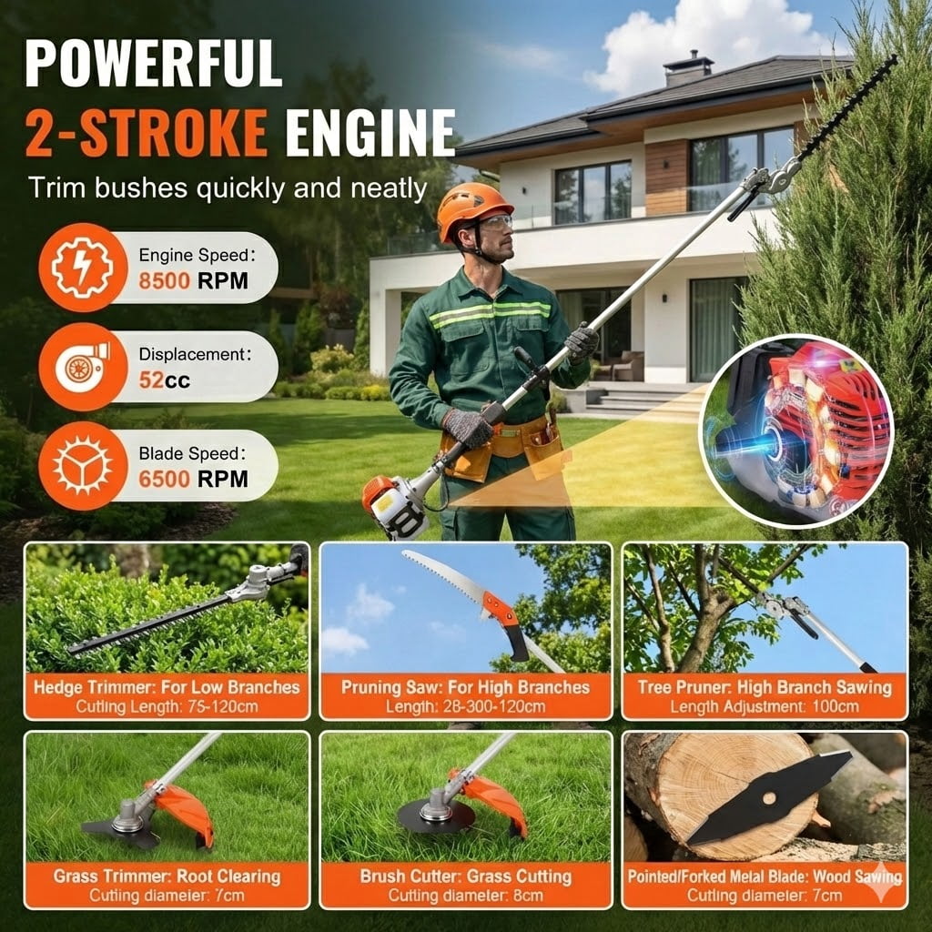 JUVOCT 52CC 6-in-1 Multi-Function Gas Tool, Hedge Trimmer, Weed Eater, Brush Cutter, Edger with Extension Pole