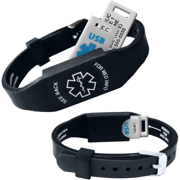 Elite II Medical Alert ID Bracelet Includes 2GB Waterproof Flash Drive, 10 Lines of Customized Engraving and Emergency Medical Card Black