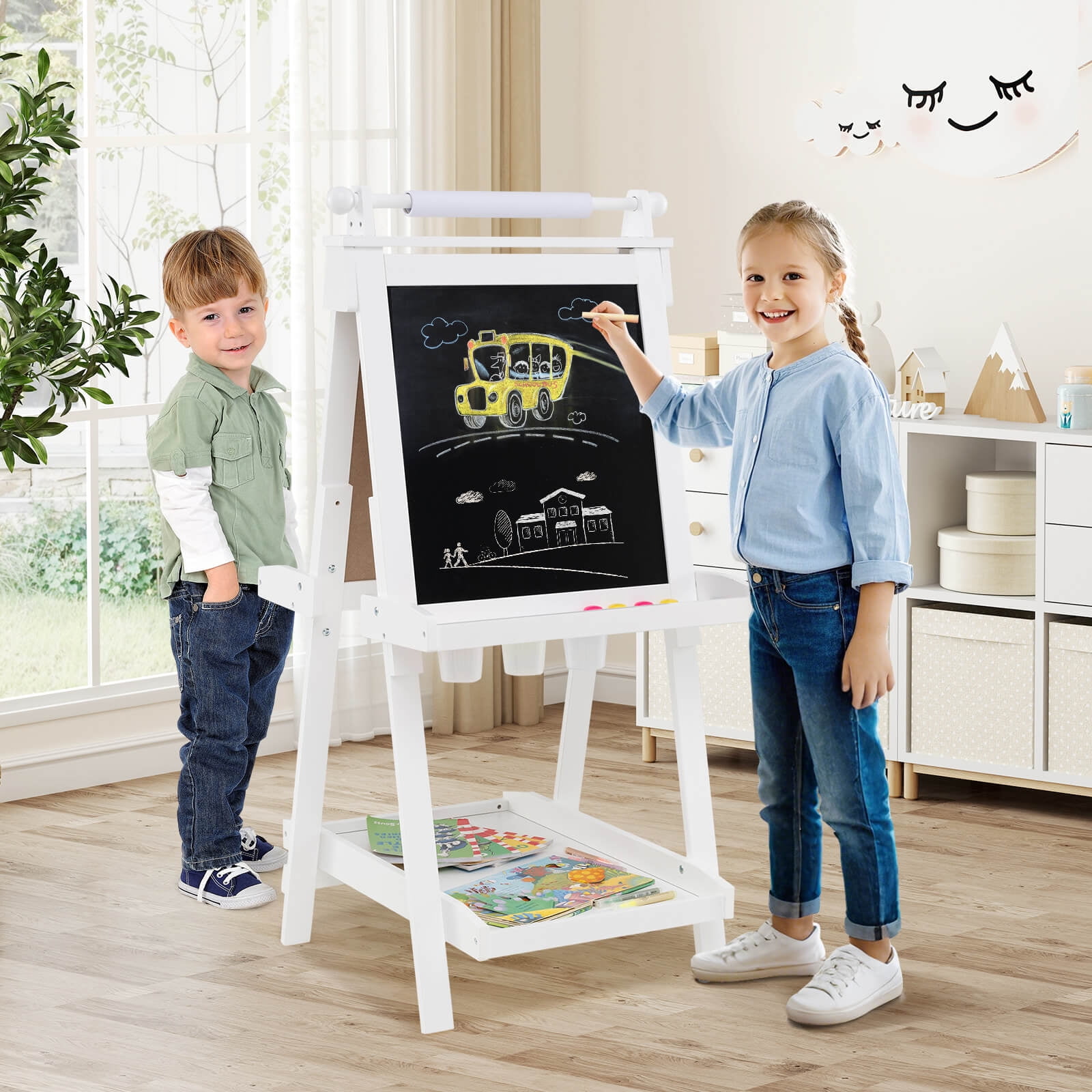 Costway Foldable Easel for Kids 3-in-1 Double-sided Art Easel with Chalkboard White