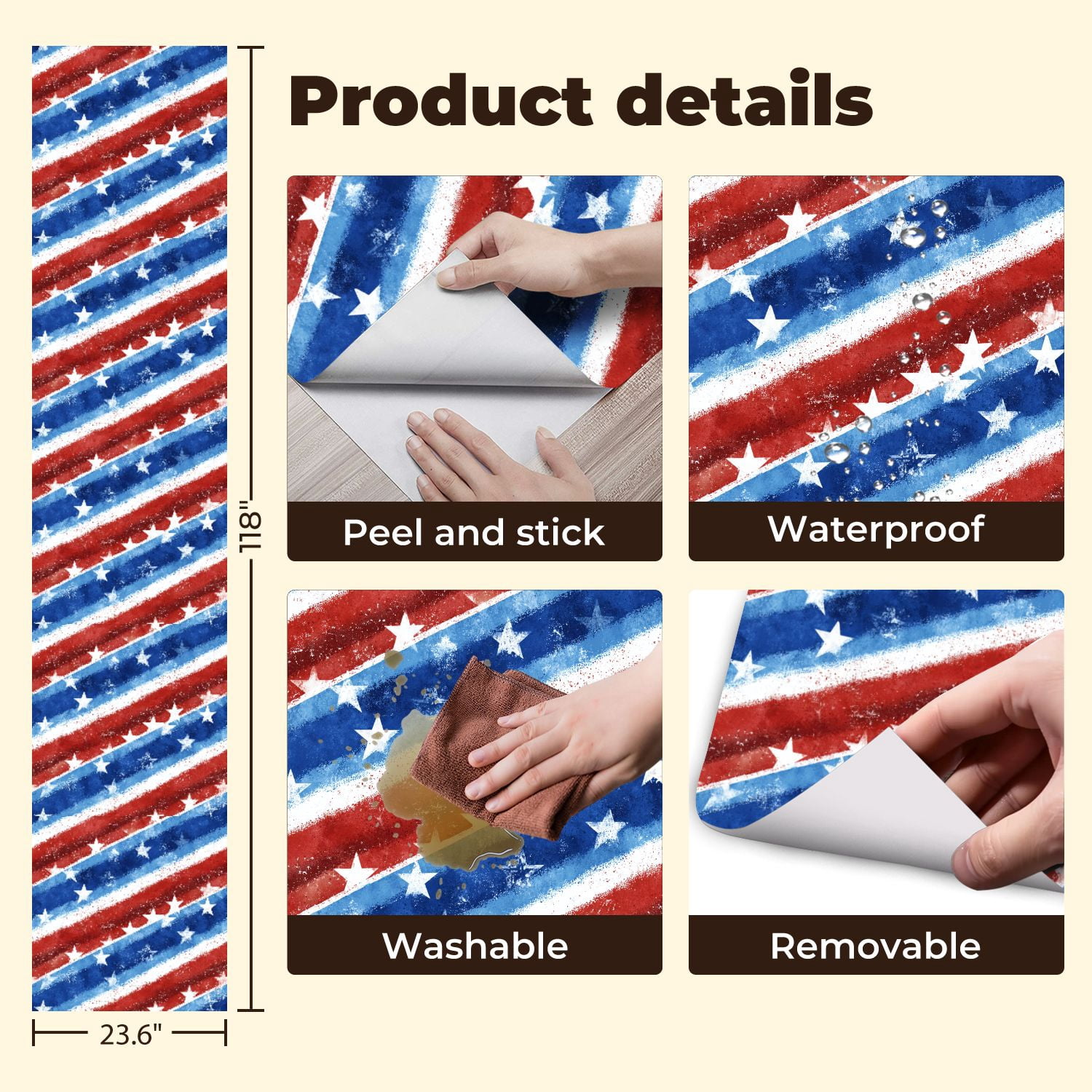 Peel and Stick Wallpaper flag watercolor seamless American national holiday Wall Mural 23.6in x 9.8ft Self Adhesive Removable Wall Paper Renter Friendly Wallpaper for Bedroom Bathroom
