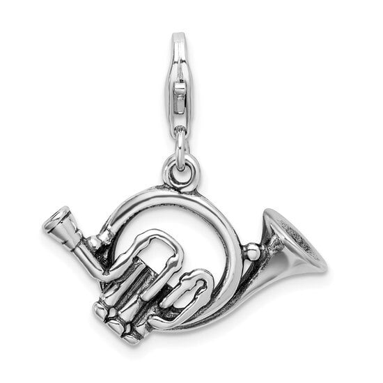 Sterling Silver Rhodium Plated Polished French Horn Charm on a Sterling Silver Cable Snake or Ball Chain Necklace