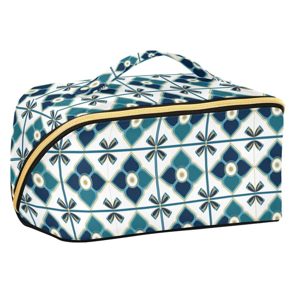 FORMRS Makeup Bag Travel Cosmetic Organizer for Women Fold Flat Zipper Pouch with Handle, Blue Mosaic Pattern