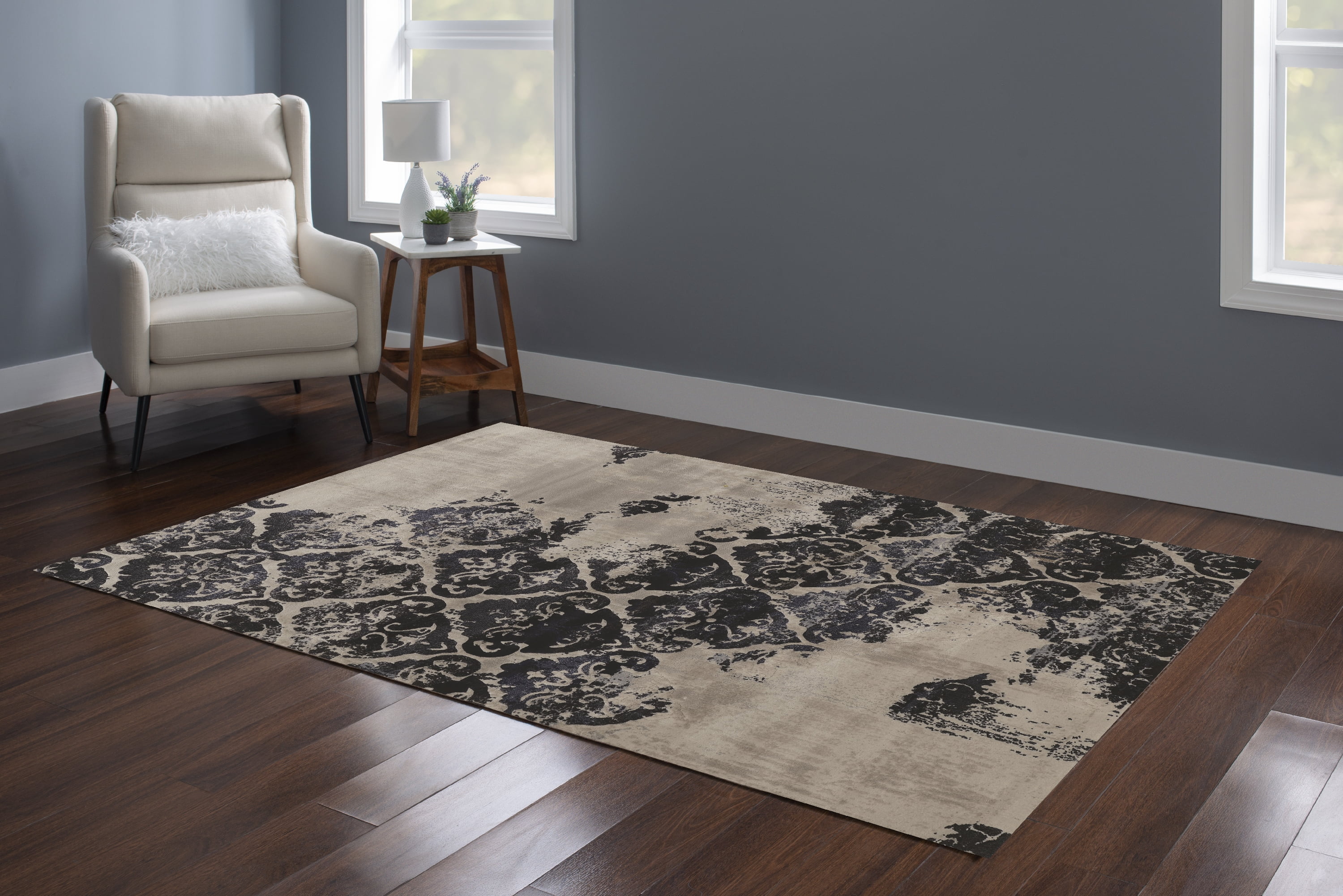 Jewel Clara Beige Navy Area Rug 5x7.6 Powerloomed 100% Polypropylene