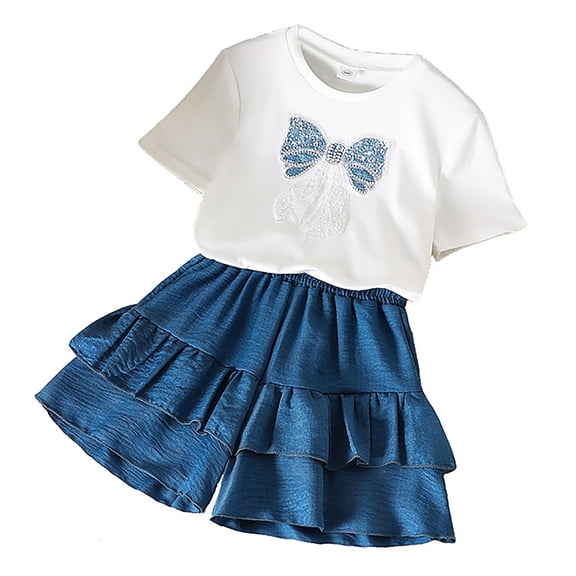 Little Girls Clothes Summer Outfits Solid Short Sleeve Shirt Top Loose Ruffle Shorts 2 Piece Clothing Sets Size 7-8T