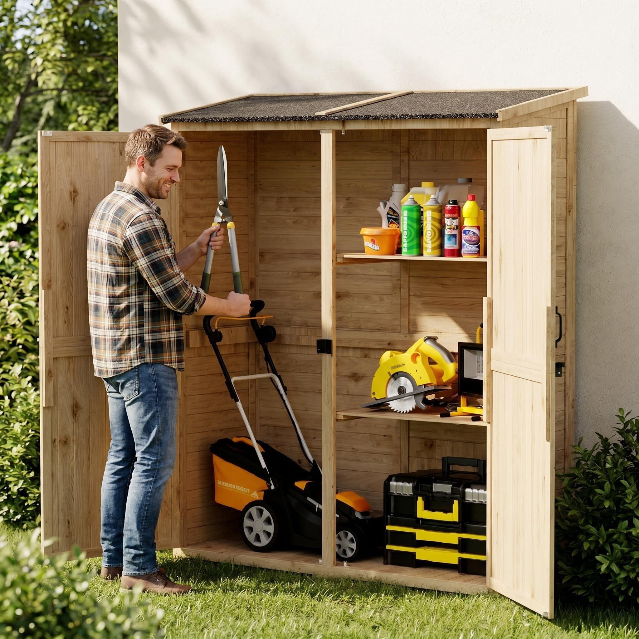 Lofka Wooden Outdoor Storage Shed with Asphalt Roof, Solid Fir Wood Garden Cabinet, Natural
