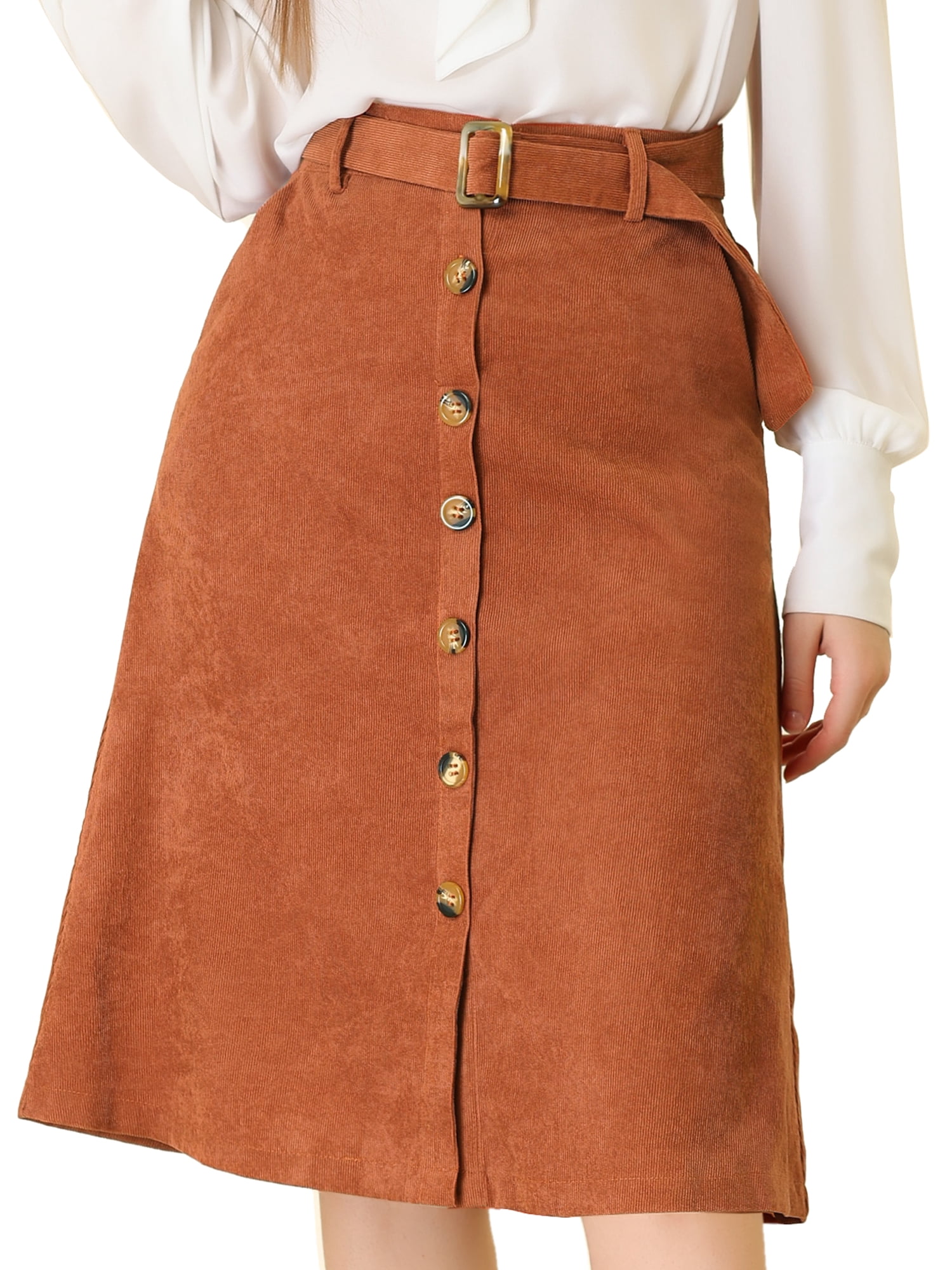 DARING DIVA Women's A-Line Button Front Belted Midi Skirts 3XL Caramel