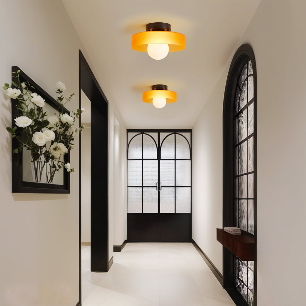 Mid-Century Modern Semi Flush Mount Ceiling Light, Kitchen Ceiling Light Fixture with Glass Shade,Vintage Close to Ceiling Lamp for Entryway Hallway Bathroom