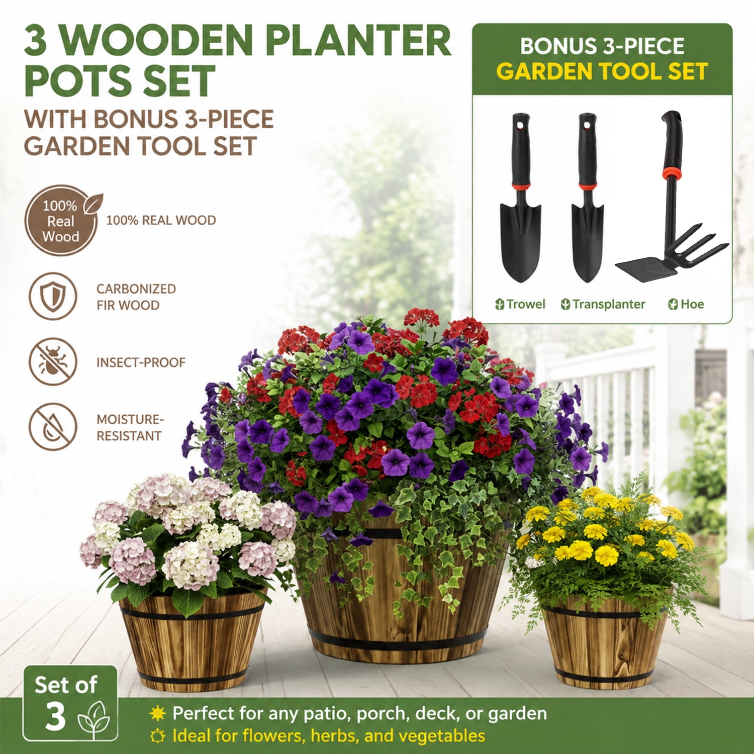 Luxury 20" Real Wood Whiskey Barrel Planter Set of 3 - Carbonized Fir Wood, Weather Resistant, Indoor/Outdoor Flower Pots for Garden Patio - Includes 3-Piece Professional Gardening Tool Kit