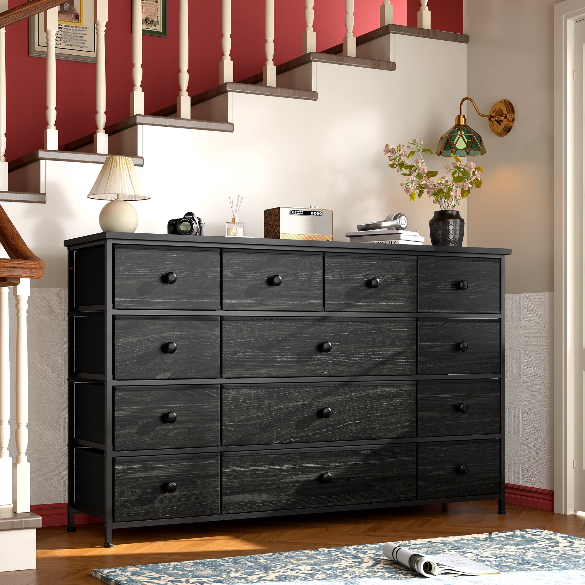Romorgniz Dresser TV Stand, 13 Drawer Dressers for Bedroom, Chest of Drawers for 45" Long TV, Fabric Dresser for Storage, Black
