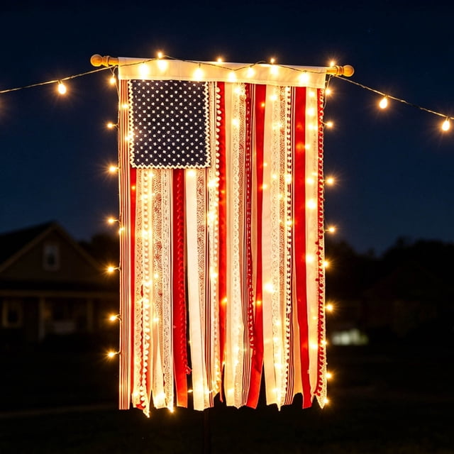 4th of July Fringed Drapery Flag, 1776 Patriotic Blue Star Hanging Banner, Built-in LED String Light Decor for Independence Day Party Doorway Window Home Backyard Festival Celebration