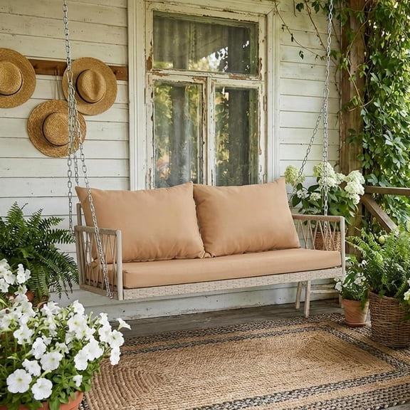 Wicker Porch Swing, Upholstered Outdoor Hanging Swing with Steel Chains, All Weather Patio Swing Bed with Armrests, Heavy Duty 600 LBS Swings  Chair for Lawn/Yard/Garden, Brown