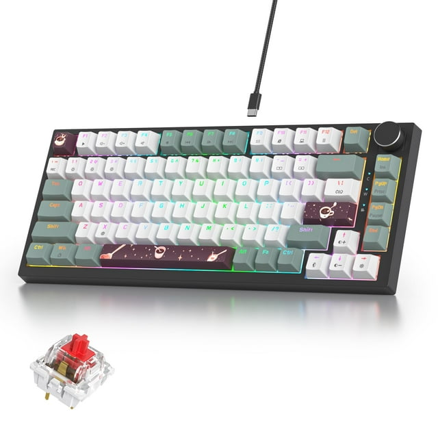 iRoboosta 75% Green Mechanical Gaming Keyboard, Hot Swappable RGB Custom Keyboard with Knob, Gasket Mount Wired TKL Red Switch Keyboard 75 Percent, Creamy Mechanical Key