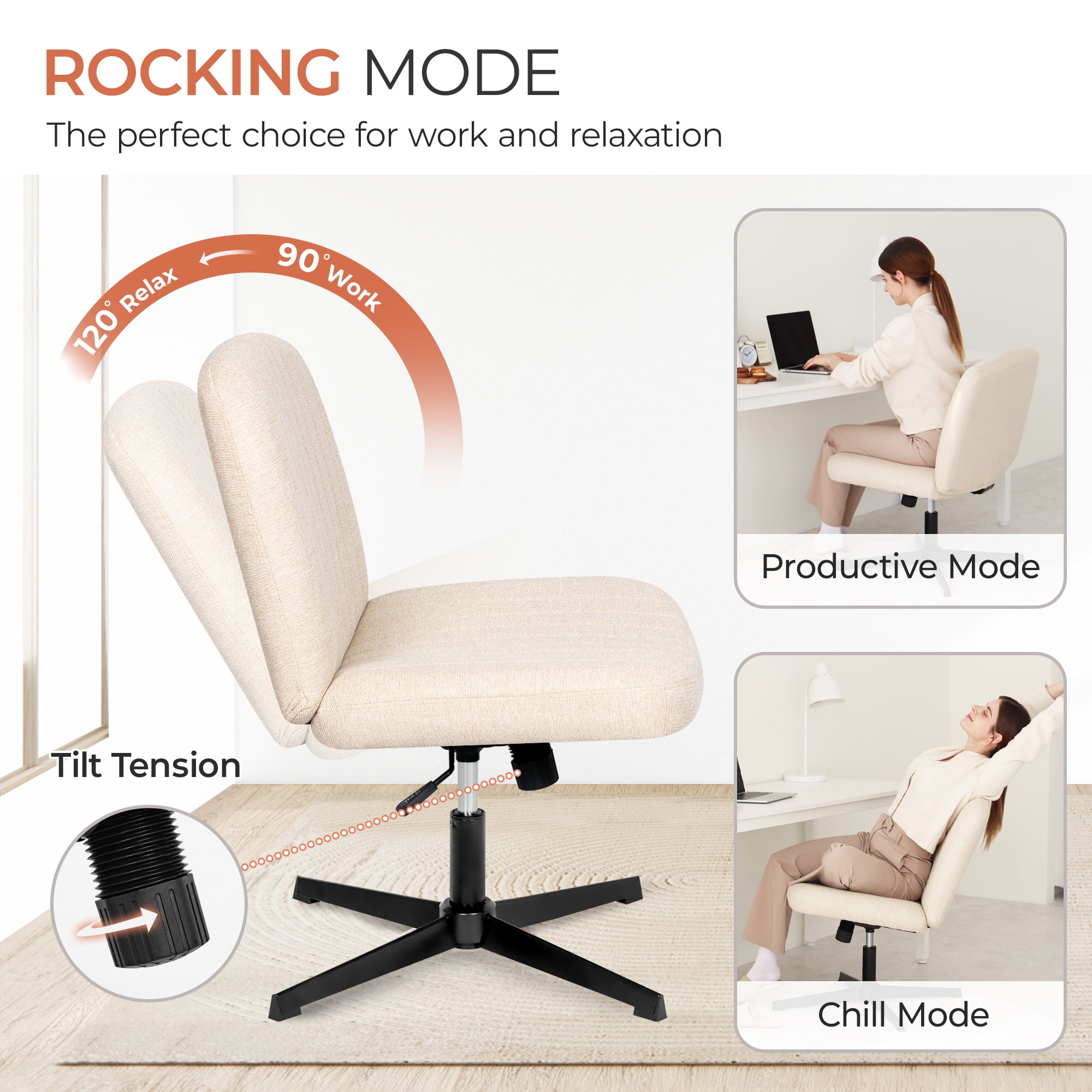 Orange Factory Criss Cross Chair No Wheel Wide Cross Legged Office Desk Vanity Chair Comfy Fabric Armless Adjustable Swivel for Home Computer Task (Beige No Wheel, Classic Fabric)