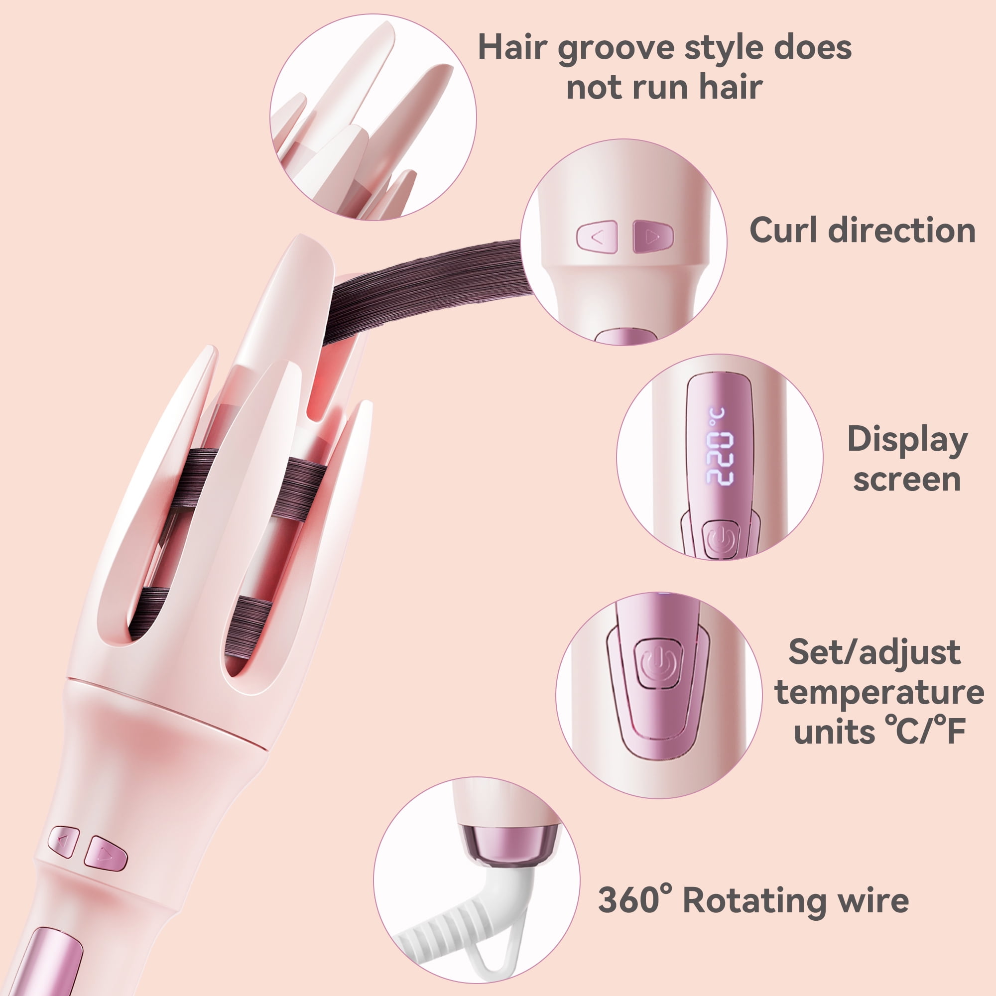 JUUTREN Automatic Curling Iron 1 Inch Hair Curler, Rotating Wand Curling Iron for Waves, Beach Curls & Hair Waver, Dual Voltage 110-240V, 4 Heat Settings 320℉-430℉, Hair Wand Auto Shut Off, Pink