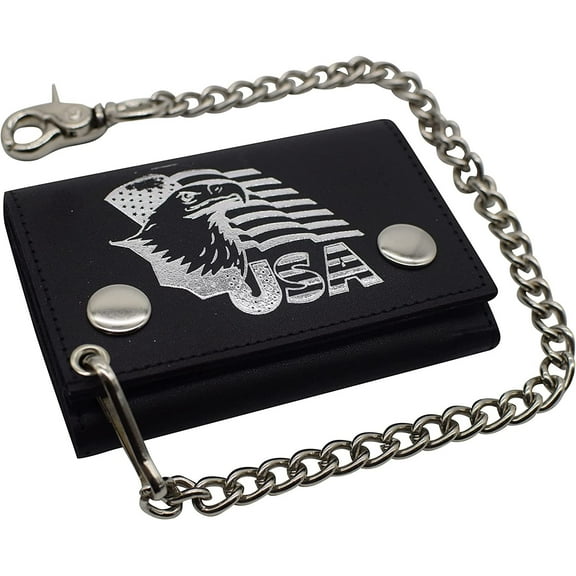 Marshal RFID Blocking Men's Tri-fold Biker Cowhide Genuine Leather Steel Chain Eagle USA Wallet Snap closure Eagle USA