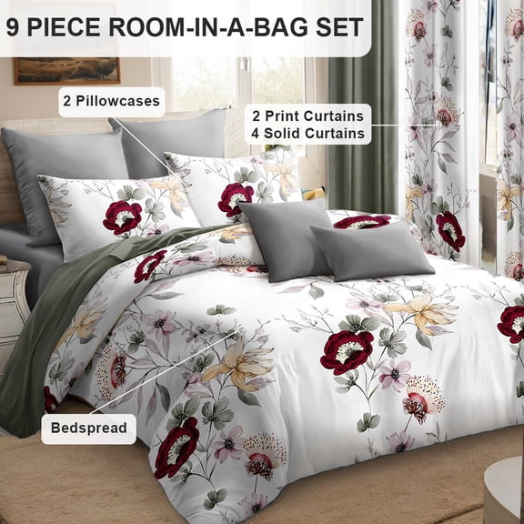 Quilted Bedspread & Curtain Set 9 Piece, Queen Size - Bedding Ensemble with Sheer Filtering Drapes, 1.6" Grommet Top, Machine Washable
