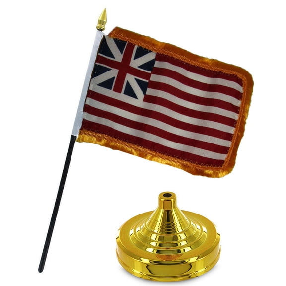Historical Grand Union Gold Fringe Flag 4"x6" Desk Set Table Stick Gold Base