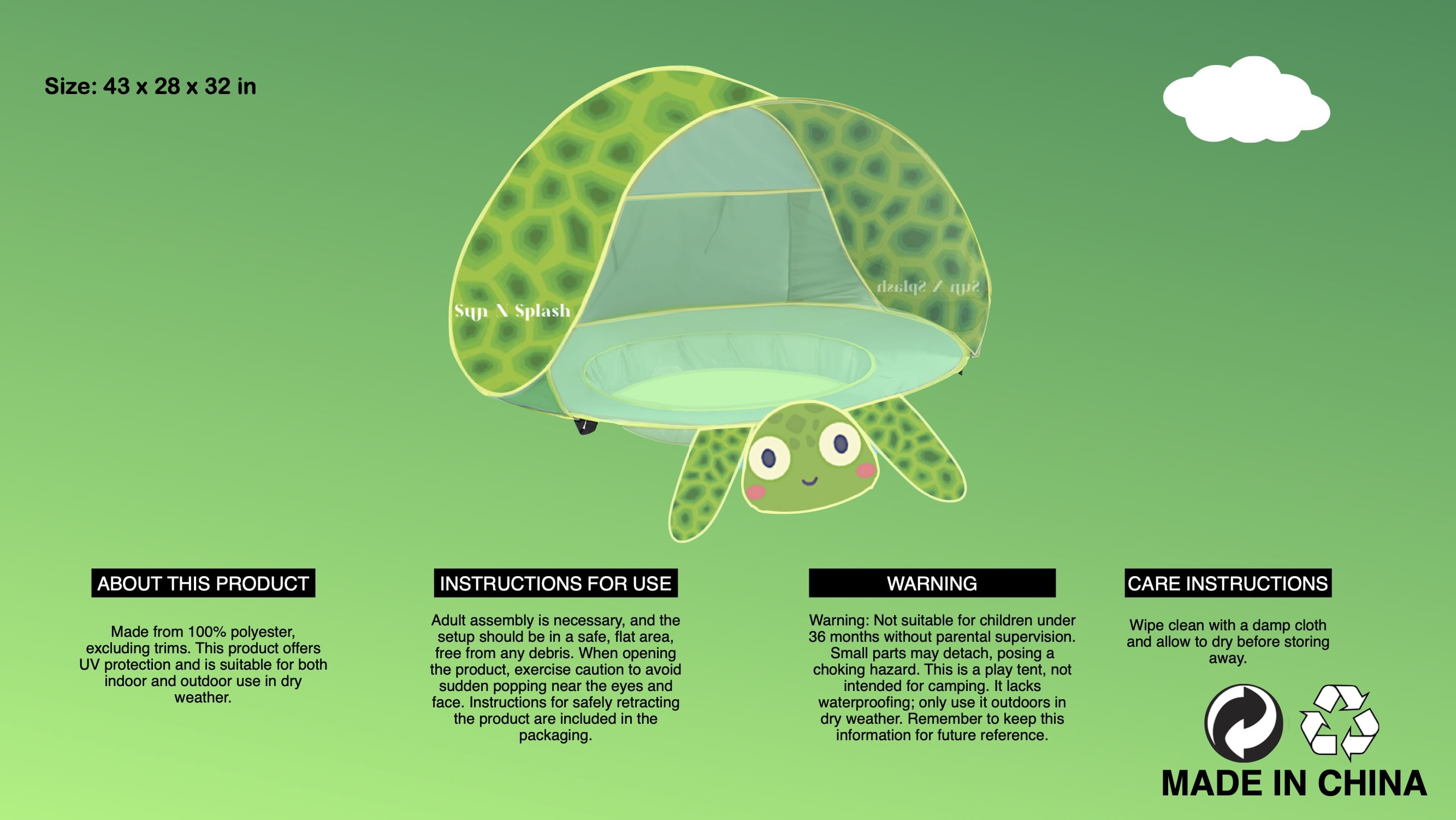 Sun N Splash Baby Tent Pool Turtle