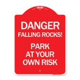 thumbnail image 1 of SignMission A-DES-RW-1824-24197 18 x 24 in. Designer Series Sign - Danger Falling Rocks - Park At Your Own Risk, Red & White, 1 of 1