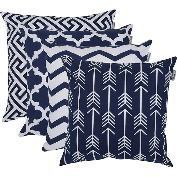 Accent Home Printed Cushion Covers Set of 4 - Decorative Square Throw Pillow Cover , Indoor & Outdoor Cotton Cushion Cases , Geometric Design Navy Pillowcases for Home Sofa - Bed - Couch 18 x 18 inch