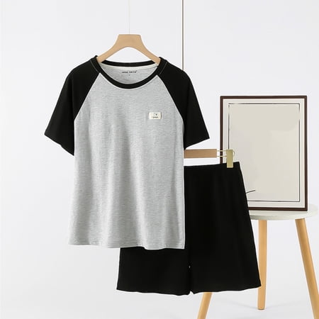 qolati Pajama Set for Women Comfy Soft Color Block Short Sleeve T-Shirts Built-in Bras and Shorts Set 2 Piece Lounge Set