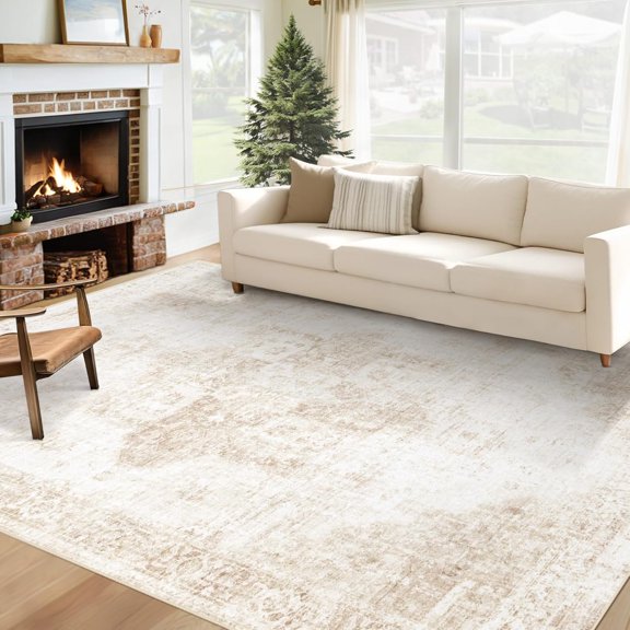 Area Rug 6x9 Washable Rug, Vintage Boho Medallion Rugs Non-Slip Soft Low Pile Large Distressed Rug Indoor Retro Carpet for Living Room Bedroom Dining Room Home Office (Beige, 6'x9')