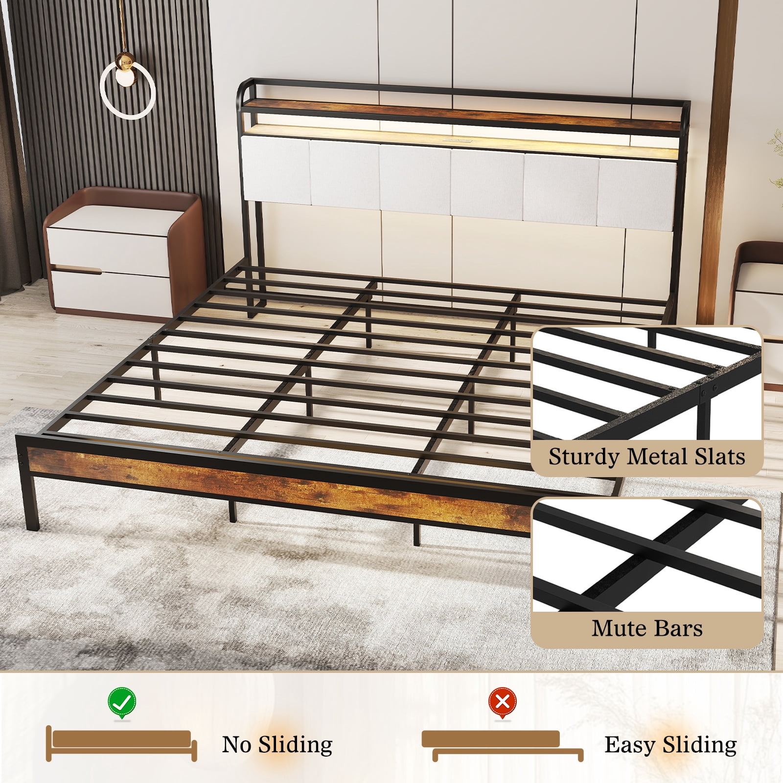 Topbuy King Size Bed Frame w/Charging Station Metal Platform Bed w/ Upholstered Headboard