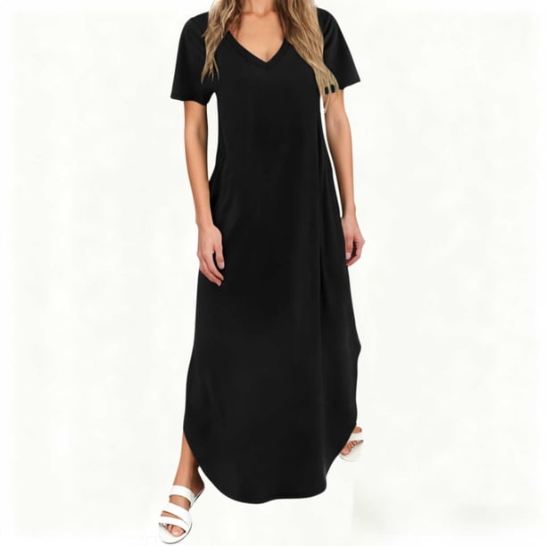 TaTaai Women Classic Casual Solid Color V Neck Short Sleeve Long Dress with Pockets Fashion Soft Stretchy Comfortable Dress for Daily Work Vacation Outfits Gift