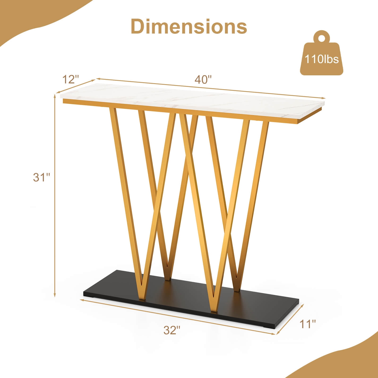 Costway 40” Gold Entryway Table with Faux Marble Table & Metal Frame, Storage Base, White