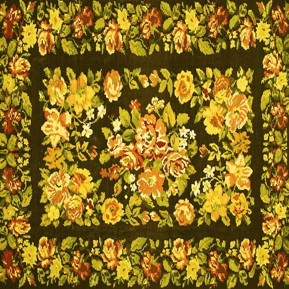 Ahgly Company Machine Washable Indoor Square Medallion Yellow French Area Rugs, 5' Square