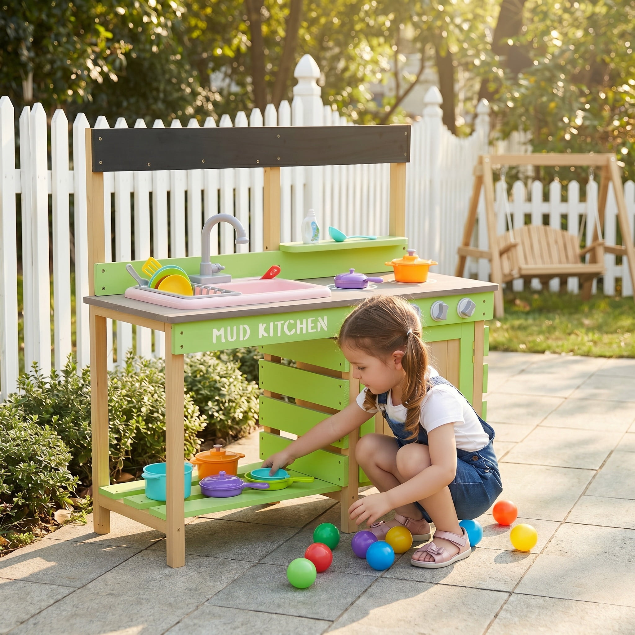 Wooden Kids Play Kitchen, Outdoor Mud Kitchen with Water Play Set and Cooking Toys, Storage Cabinet & Drawer, Pretend Role Play Gift for Boys Girls Ages 3-8