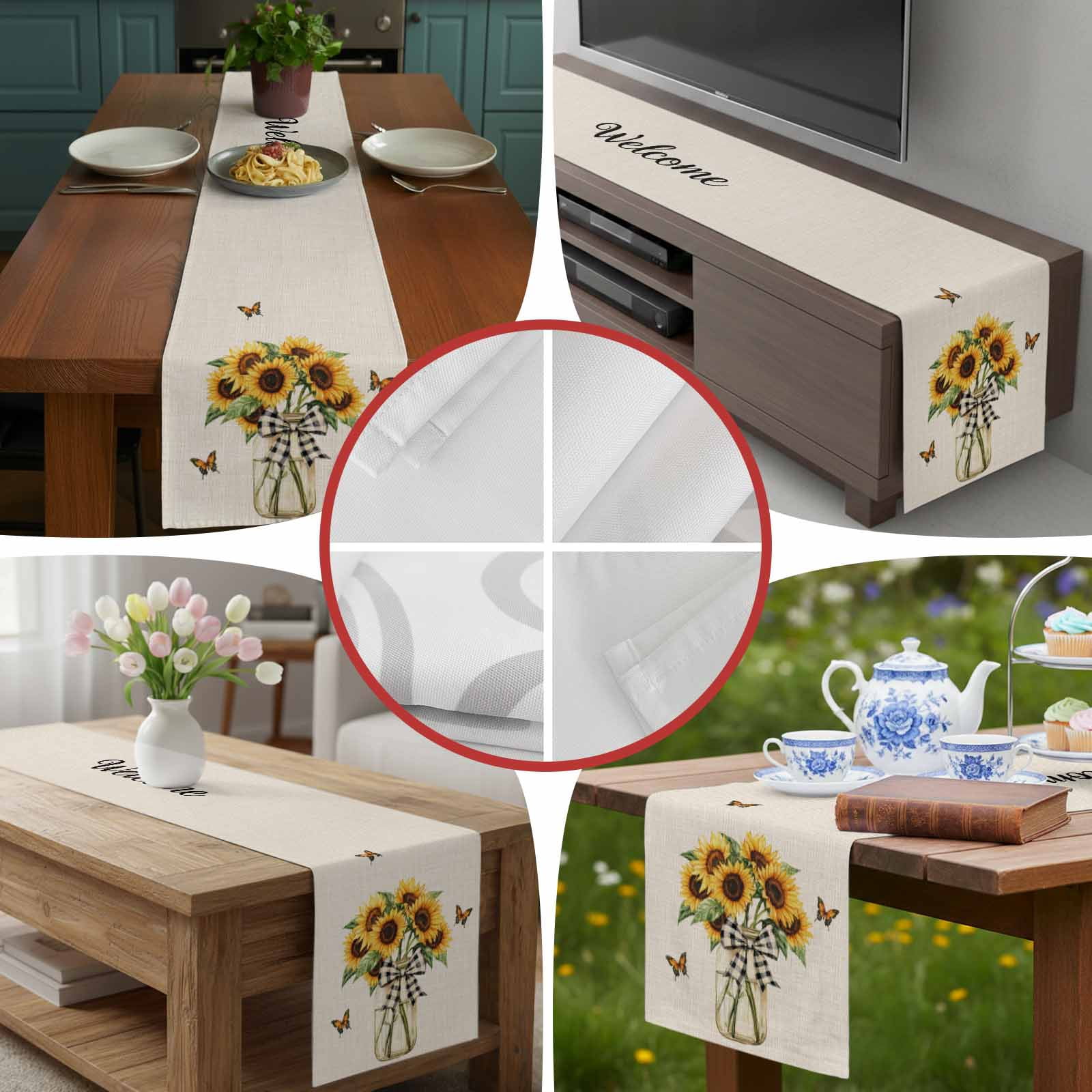 Vintage Sunflower Butterfly on Linen Table Runner 90 Inches Long, Welcome Seasonal Floral Bow Table Runners Tabletop Scarf Kitchen Dining Tables Decoration for Home Party Indoor Outdoor
