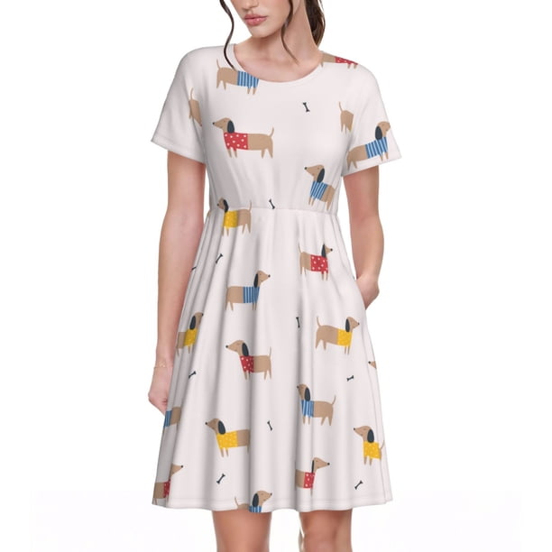 Balery Dachshund Dog Puppy Vestidos sueltos de manga corta para mujer, vestidos de verano 2025, vestidos casuales de corte A con vuelo.