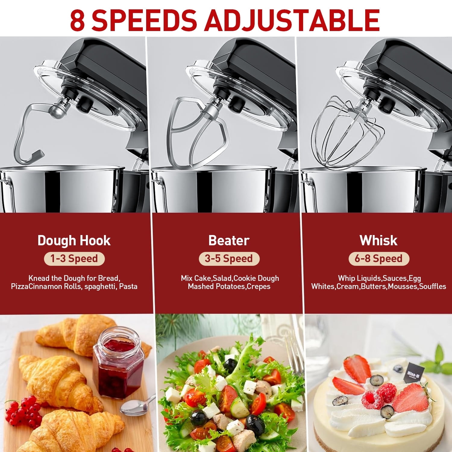 5.3Qt Kitchen Stand Mixer, 8 Speeds Electric Mixer for Sugar Frosting, Meringue Frosting, Food Mixer for Baking, Cake
