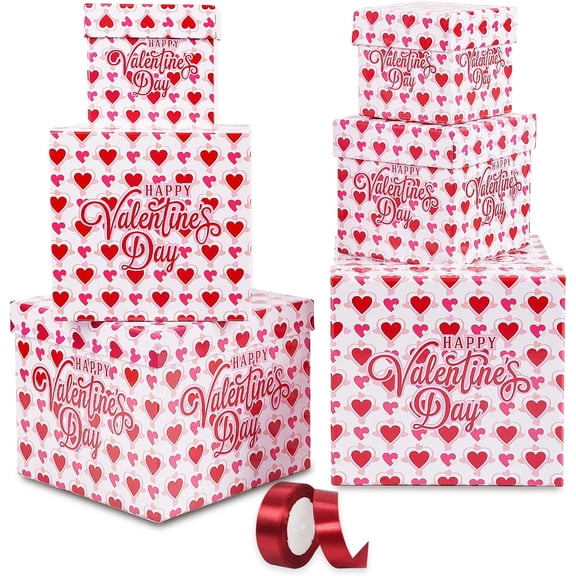 6PCS Valentine's Day Nesting Gift Boxes with Lid, Square Ribbon, Decorative Assorted Size for Presents Wrapping, Party Favor (White)