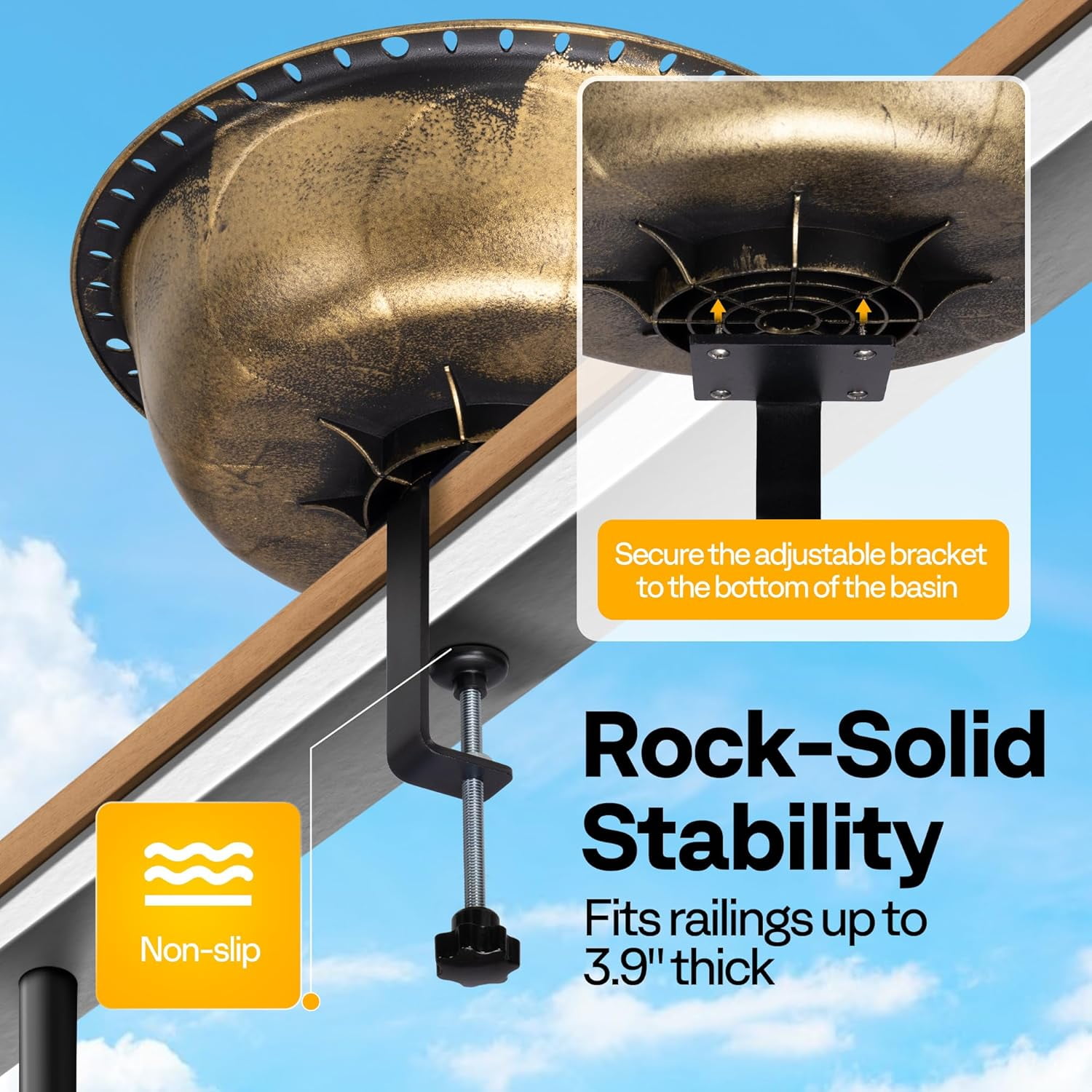 SPECSTAR Deck Mounted Polyresin Bird Bath with Adjustable Sturdy Metal Clamp for Railings up to 3.9 Inch, Capacity 1.4 Gallons for Patio, Gardens, Yard, Deck, Copper