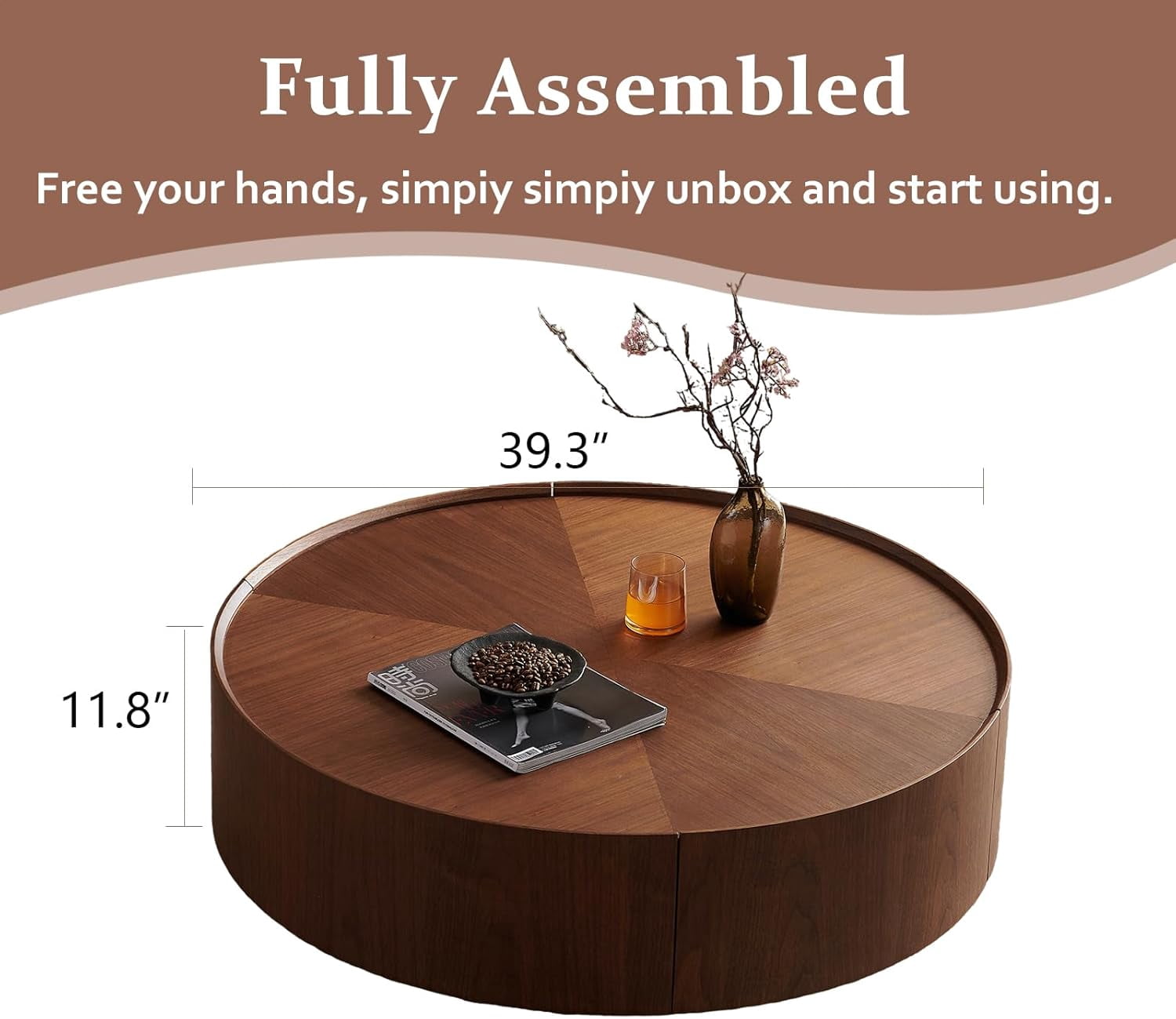 GUCOGUKA 39.3" Round Wood Coffee Table with Storage Drawers, Solid Wood Veneer Mid-Century Modern Fully Assembled for Living Room Office, Walnut