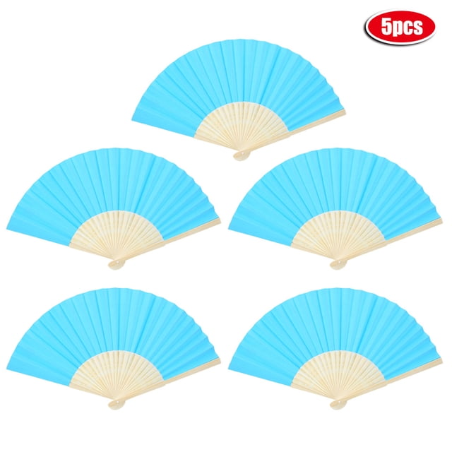 Abanico de mano plegable de bambú, accesorio de decoración para días calurosos de verano, color azul lago, 5 uds.