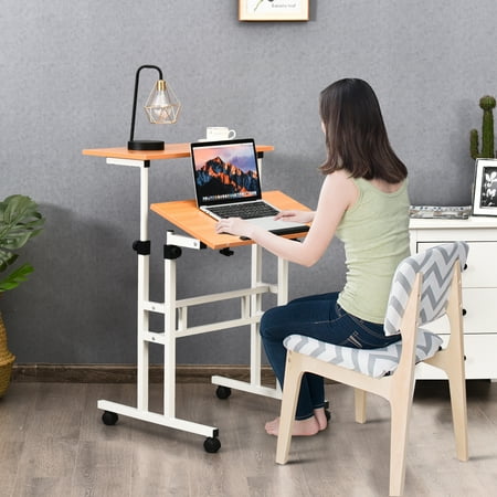 Costway - Mobile Standing Desk Height Adjustable Sit Stand Workstation Stand Up Desk 2in1 - White/Natural