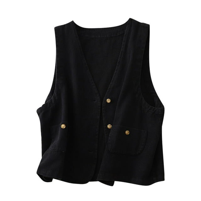 Timegard Tank Tops for Women Cotton Linen Button Sleeveless Waistcoat Cropped Lightweight Jacket Fashion