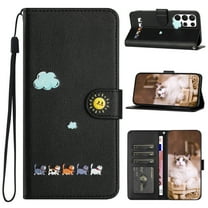 ELEHOLD Flip Leather Wallet Case for Samsung Galaxy S23 FE Cute Animals Pattern with Card Slots Magnetic Clasp Soft Shockproof Leather Protective Case with Lanyard,black