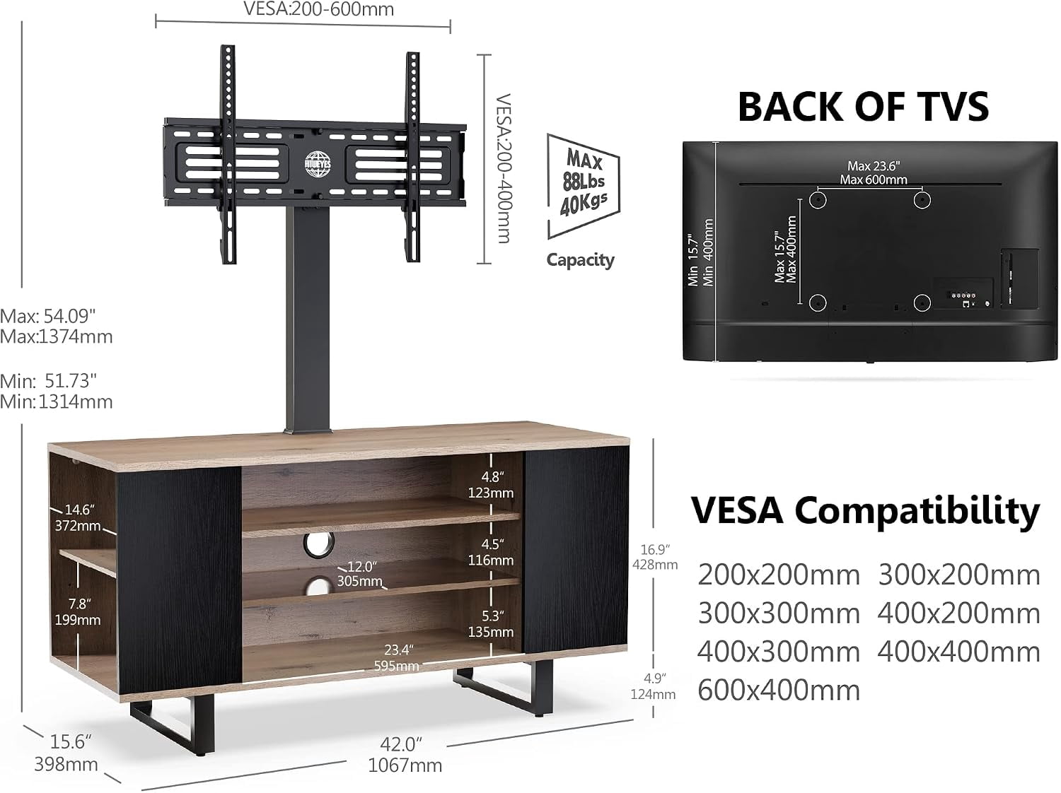 FITUEYES Entertainment Center for 32–70 Inch TVs, Black, Swivel Mount