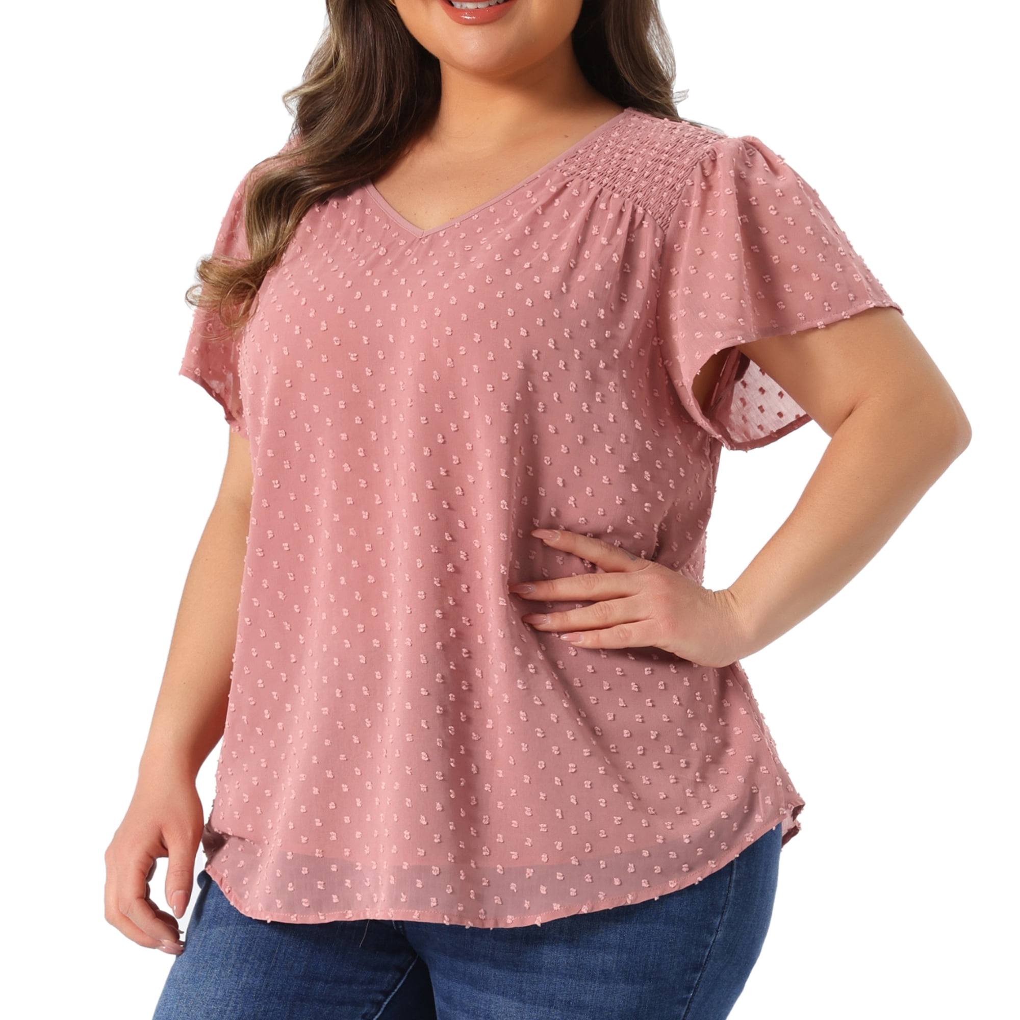 DARING DIVA Women's Plus Size Blouses Pin Dots Smocked Flare Sleeve Top 1X Pink