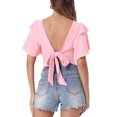 thumbnail image 3 of INSPIRE CHIC Boho Tie Front Crop Tops for Women's Textured Short Bell Sleeve Deep V Neck Beach Clothing M Light Pink, 3 of 6