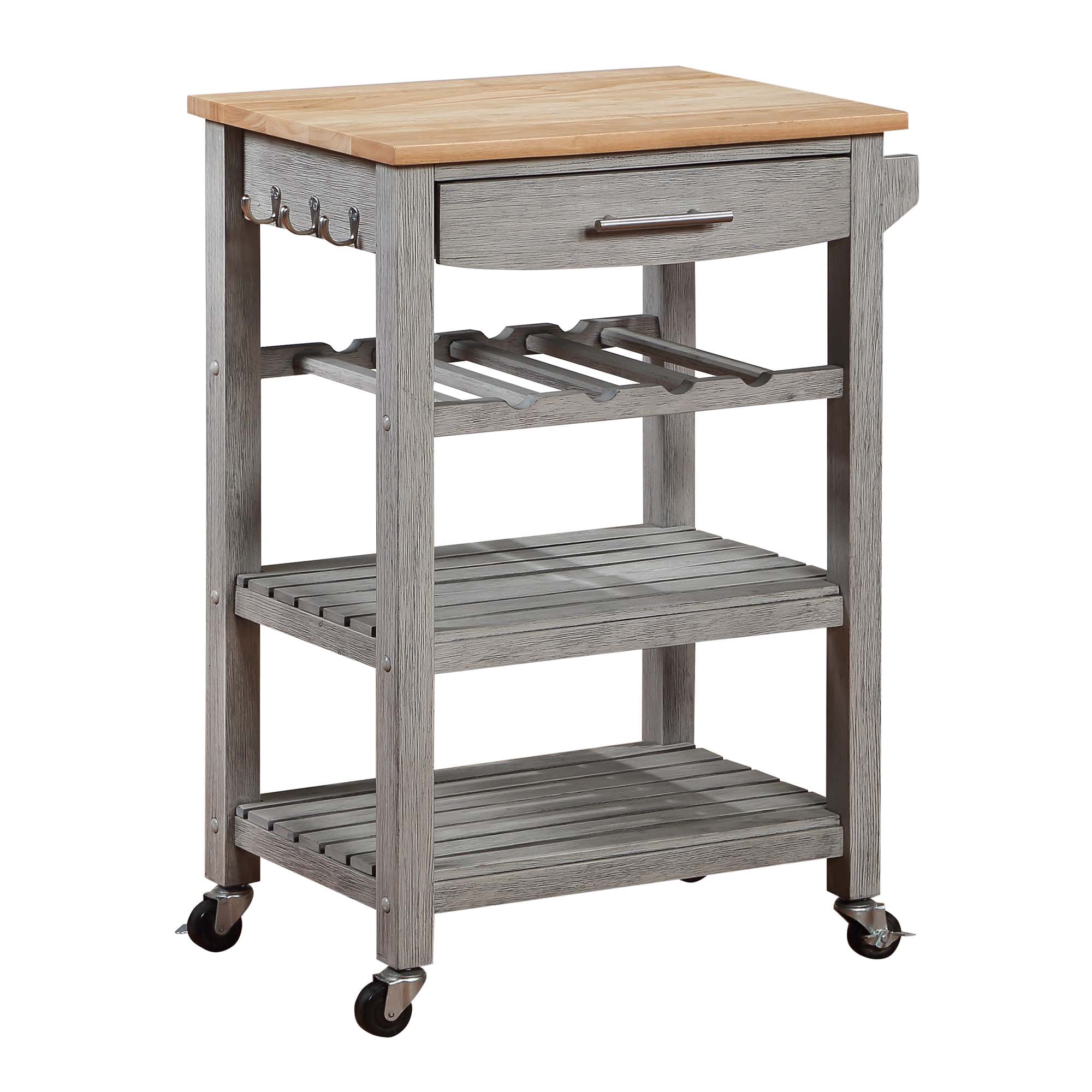 Convenience Concepts Ellaine 4 Tier Small Butcher Block Kitchen Island Cart with Drawer and Wine Rack, Wirebrush Light/Butcher Block