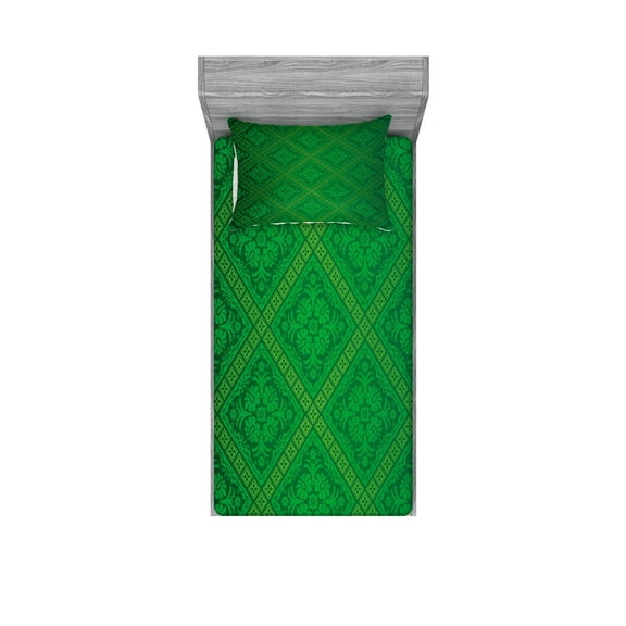 Ambesonne Green Fitted Sheet & Pillow Sham Set, Vector Foliage Pattern, Twinxl, Forest Green