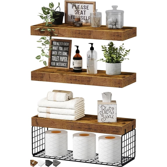 Bathroom Shelves Over Toilet – Wall-Mounted Floating Shelves, Toilet Paper Storage, Small Farmhouse Decor Shelf, 16 Inch Set of 3, Rustic Brown