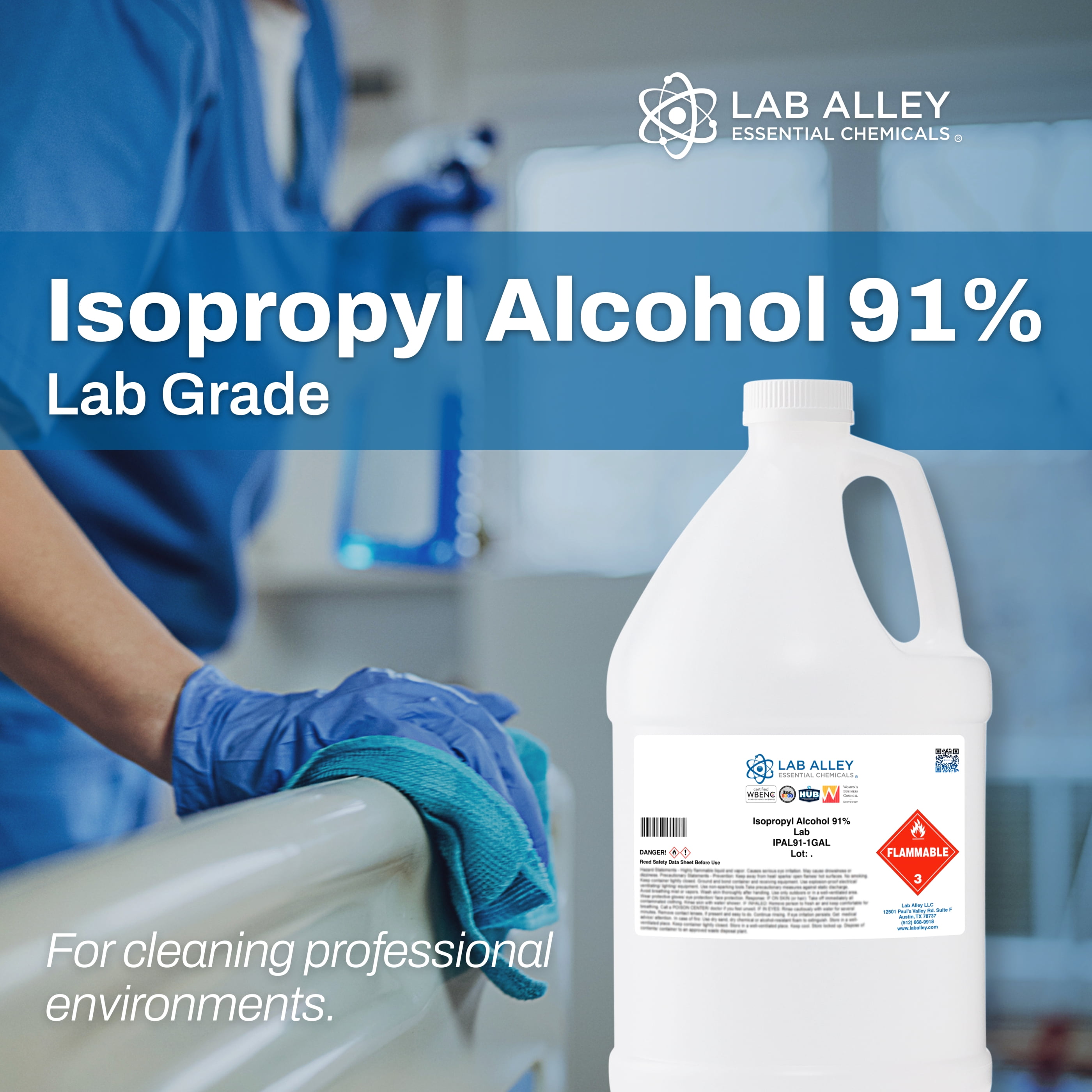 Lab Alley Isopropyl Alcohol 91% Lab Grade, Rubbing Alcohol Solvent, 1 Gallon