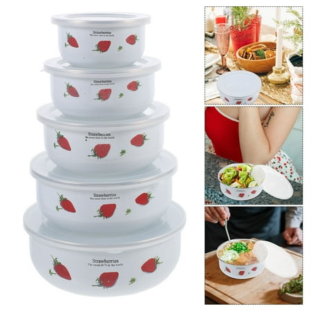 LOLIPPYY Set of 5 Enamel Mixing Bowls with Clear Lids Red Household Salad and Noodle Bowls for Kitchen Use
